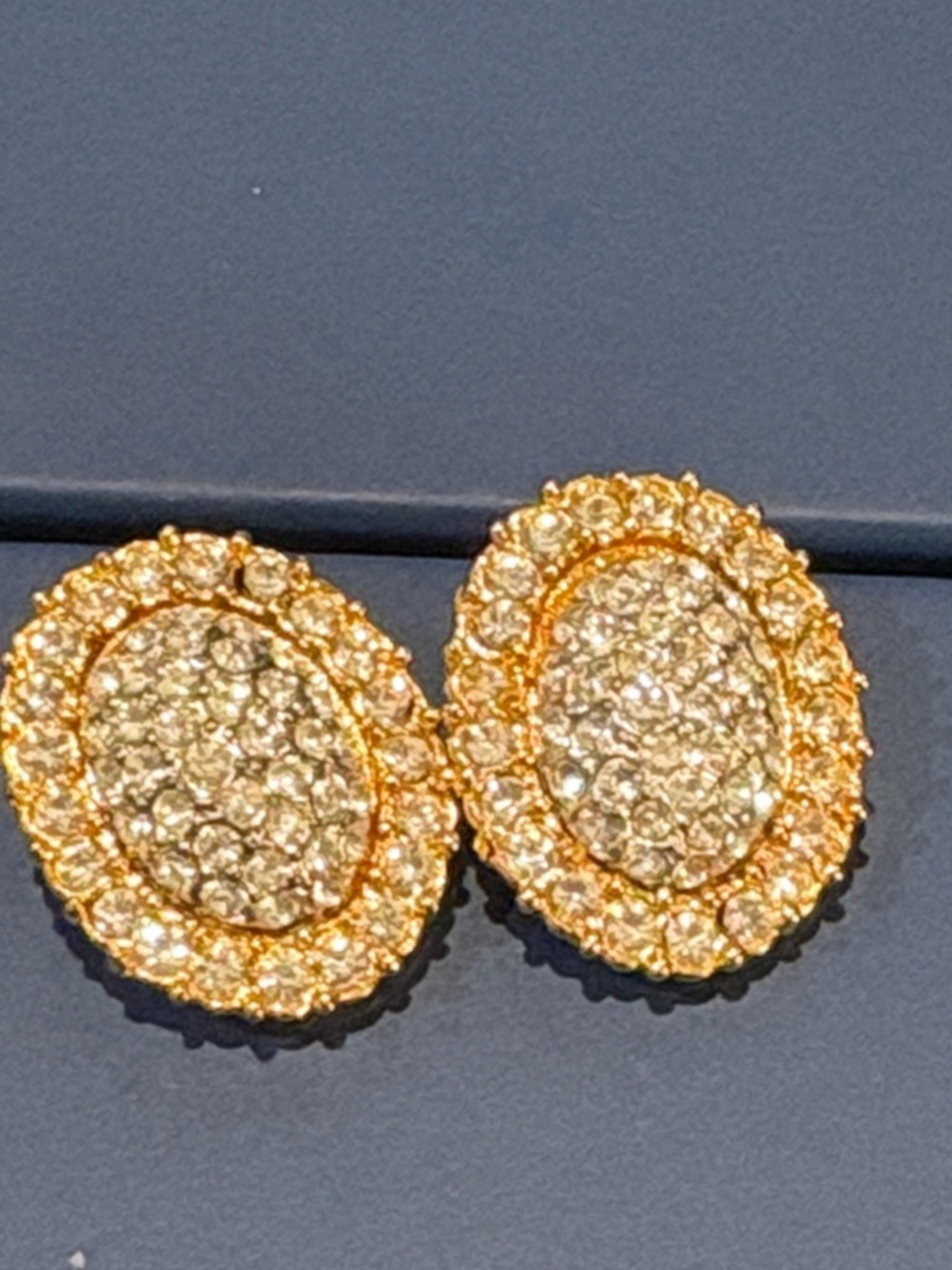 Pavé Oval Crystal Stud Earrings in Gold Clip On Made In USA